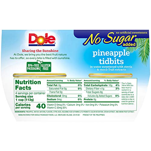 Dole Fruit Bowls, Pineapple Tidbits In Water, No Sugar Added, 4
