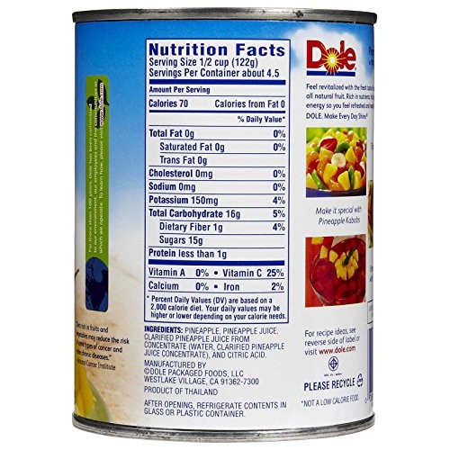 Dole Pinapple Chunks In 100% Pinapple Juice, 20 Oz, 6 Pk