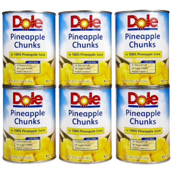 Dole Pinapple Chunks in 100% Pinapple Juice, 20 oz, 6 pk