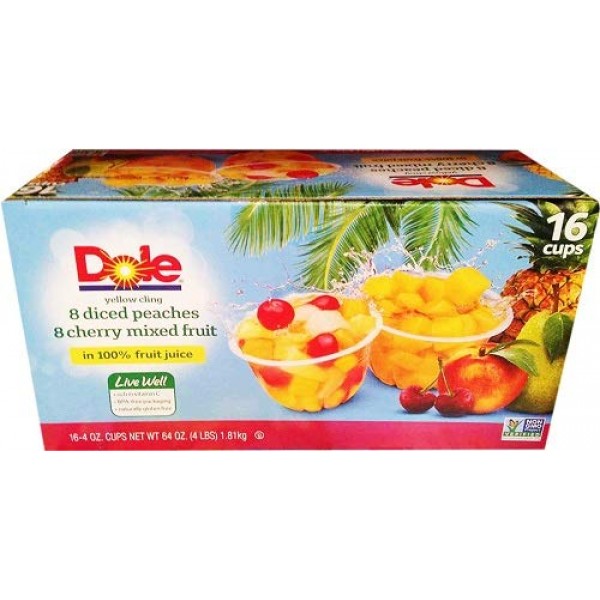 Dole Diced Peaches, Cherry Mixed Fruit Variety Pack, 16-4Oz Cups