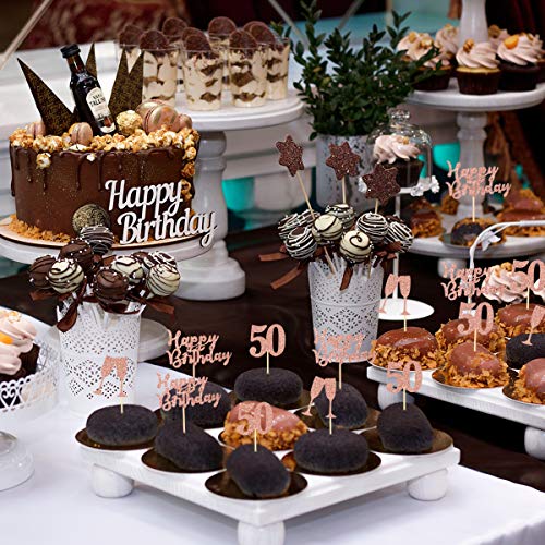Donoter 48 Pieces 50Th Cupcake Toppers Rose Gold Glitter Happy B