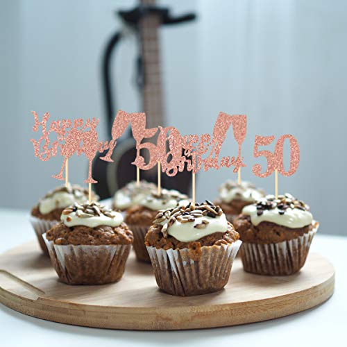 Donoter 48 Pieces 50Th Cupcake Toppers Rose Gold Glitter Happy B
