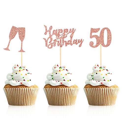 Donoter 48 Pieces 50Th Cupcake Toppers Rose Gold Glitter Happy B