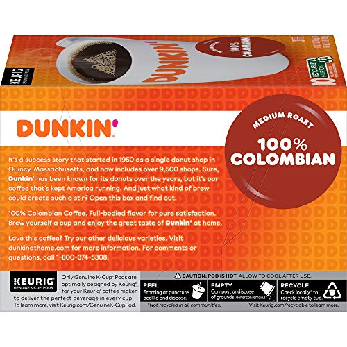 Dunkin 100% Colombian Medium Roast Coffee, 60 K Cups For Keurig