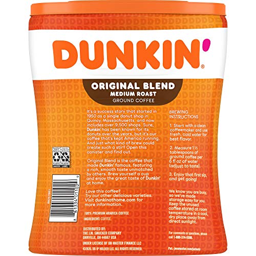 Dunkin Original Blend Medium Roast Ground Coffee Canister, 30 O