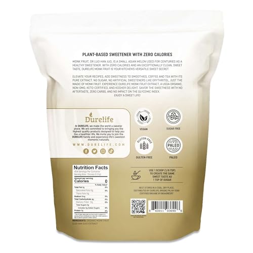 Durelife Organic 100% Pure Monk Fruit sweetener, No Erythritol, ...