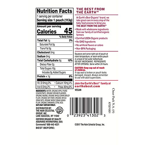 Earths Best Organic Stage 2 Baby Food, Apple Raisin Breakfast,