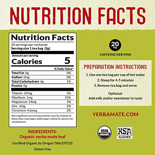 Ecoteas Organic Unsmoked Yerba Mate Tea Bags - 24 Count, 1.7 Oz