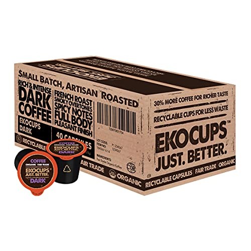 Ekocups Organic Dark Roast Coffee Pods, Strong Bold Dark Roast F