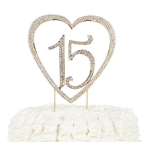 Ella Celebration 15 Heart Cake Topper, Gold 15Th Birthday Party