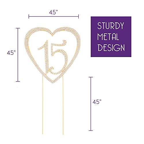 Ella Celebration 15 Heart Cake Topper, Gold 15Th Birthday Party