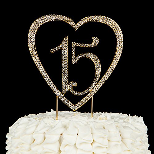 Ella Celebration 15 Heart Cake Topper, Gold 15Th Birthday Party
