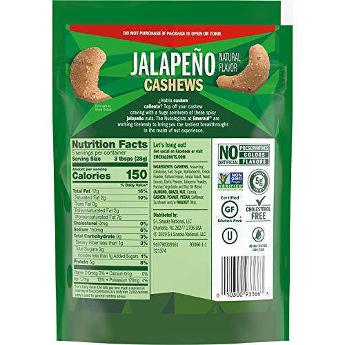 Emerald Jalapeño Cashews Stand Up Resealable Bag, 5 Ounce Pack