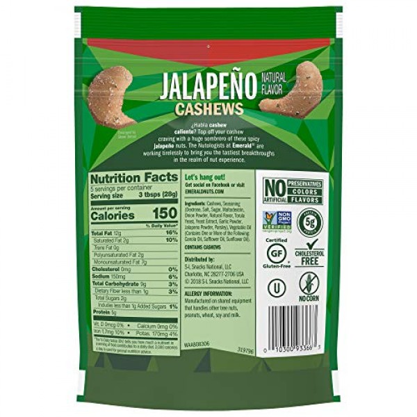 Emerald Jalapeño Cashews Stand Up Resealable Bag, 5 Ounce Pack