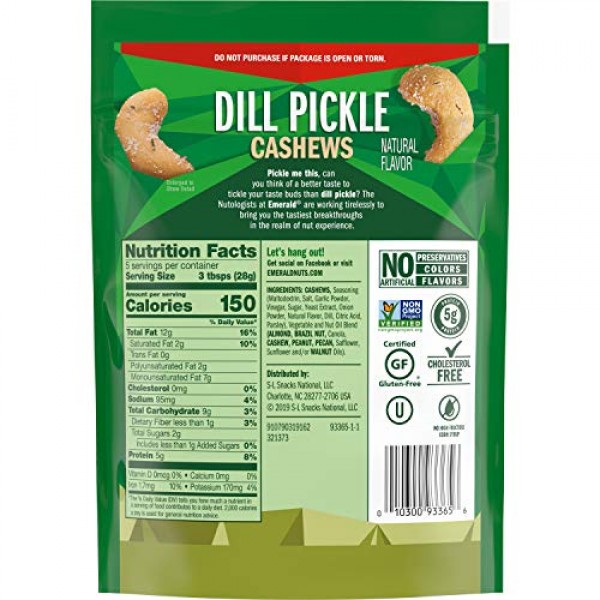 Emerald Nuts, Dill Pickle Cashews, 5 Ounce Resealable Bag Pack