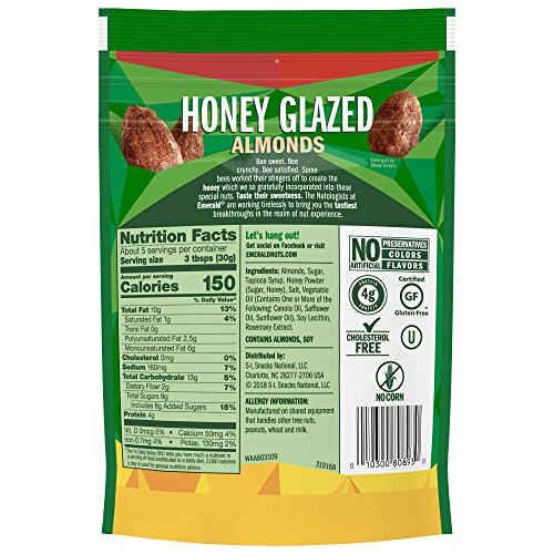 Emerald Honey Glazed Almonds, Stand Up Resealable Bag, 5.5 Ounce