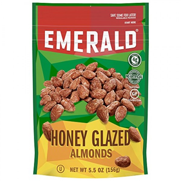 Emerald Honey Glazed Almonds, Stand Up Resealable Bag, 5.5 Ounce