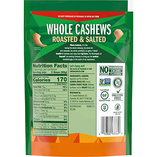 Emerald Nuts, Whole Cashews Roasted &Amp; Salted, 5 Ounce Resealable
