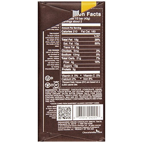 Endangered Species, Dark Chocolate And Hazelnut Bar, Black Rhino