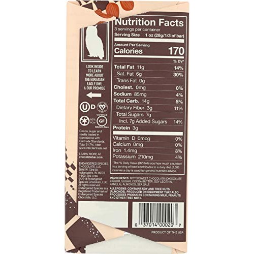 Endangered Species, Bar Chocolate Dark Almonds And Sea Salt 72%,