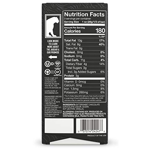 Endangered Species Chocolate Extreme Dark Chocolate Bar, 3 Ounce