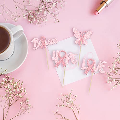 24Pcs Breast Cancer Awareness Cupcake Toppers Glitter Believe Ho...