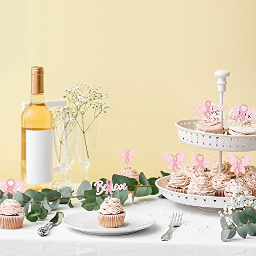 24Pcs Breast Cancer Awareness Cupcake Toppers Glitter Believe Ho...