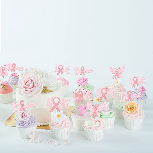 24Pcs Breast Cancer Awareness Cupcake Toppers Glitter Believe Ho...