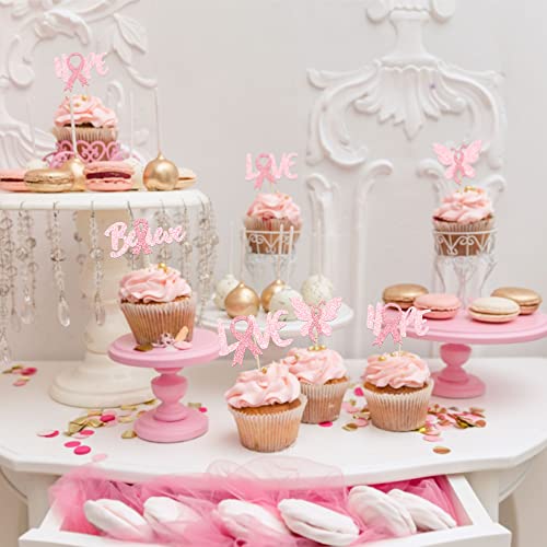 24Pcs Breast Cancer Awareness Cupcake Toppers Glitter Believe Ho...