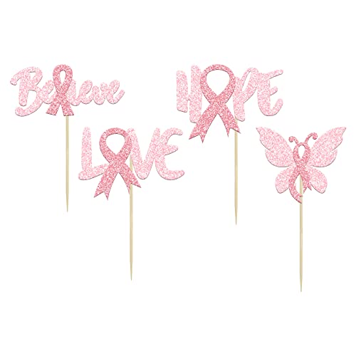 24Pcs Breast Cancer Awareness Cupcake Toppers Glitter Believe Ho...