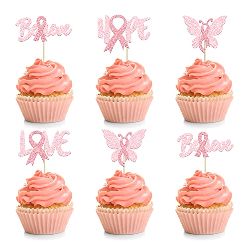 24Pcs Breast Cancer Awareness Cupcake Toppers Glitter Believe Ho...