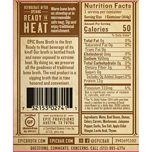 Epic Beef Jalapeno Sea Salt Bone Broth, Keto Friendly, 3Ct 14Fl