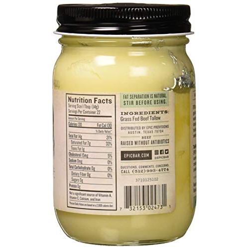 EPIC Beef Tallow, Grass-Fed, Keto Friendly, Whole30, 11oz Jar