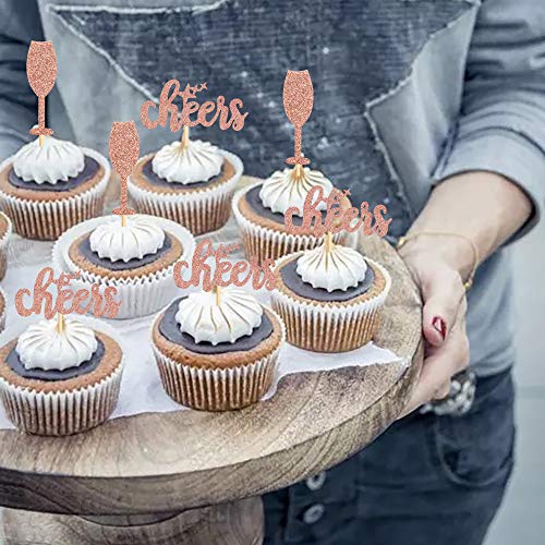 Ercadio 24 Pack Cheers Cupcake Toppers Rose Gold Glitter Champag