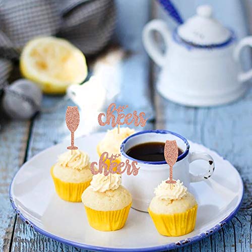 Ercadio 24 Pack Cheers Cupcake Toppers Rose Gold Glitter Champag