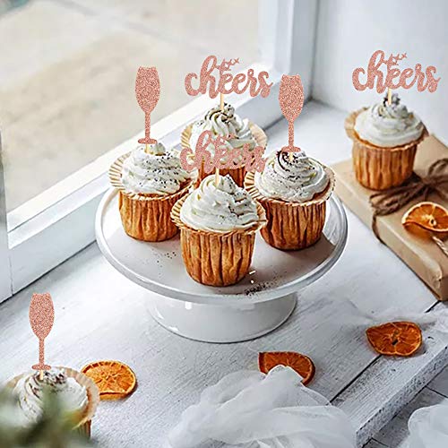 Ercadio 24 Pack Cheers Cupcake Toppers Rose Gold Glitter Champag