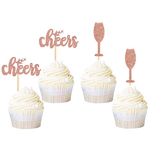 Ercadio 24 Pack Cheers Cupcake Toppers Rose Gold Glitter Champag