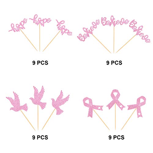 Ercadio 36 Pack Glitter Breast Cancer Awareness Cupcake Toppers ...