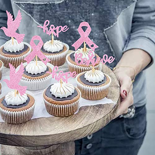 Ercadio 36 Pack Glitter Breast Cancer Awareness Cupcake Toppers ...
