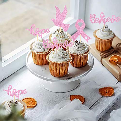 Ercadio 36 Pack Glitter Breast Cancer Awareness Cupcake Toppers ...