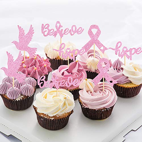 Ercadio 36 Pack Glitter Breast Cancer Awareness Cupcake Toppers ...