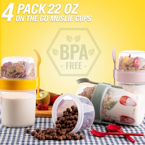 EYNEL 4 Pack On The Go 22 oz Breakfast Cups with Lids and Spoon,...