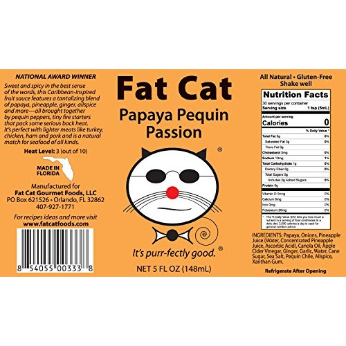 Fat Cat Papaya Pequin Passion Hot Sauce, Preservative-Free, Glut