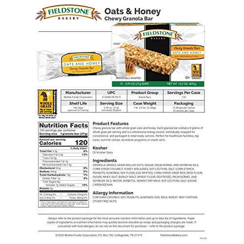 Fieldstone Bakery Oats And Honey Chewy Granola Bars, Full Case O