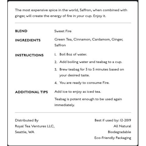 Fire Teas - Sweet Hot Energy- Green Tea, Saffron, Cinnamon, Ging