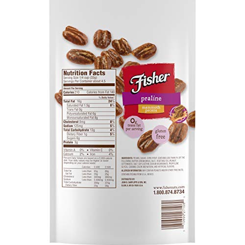 Fisher Snack Praline Pecans Stand-Up, Resealable Bag, 5.5 Oz