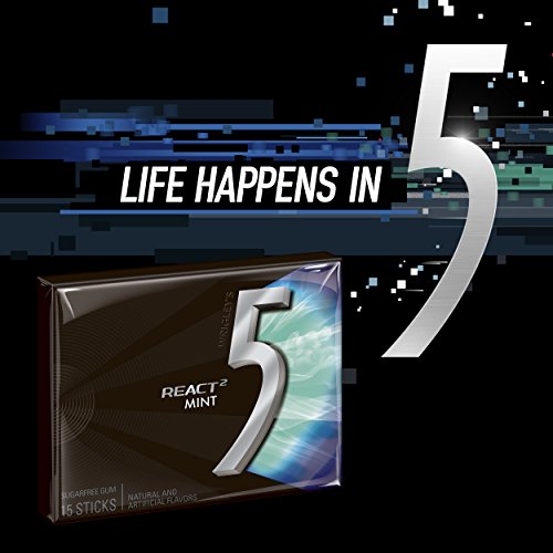 5 Gum React Mint Sugar Free Chewing Gum, 15 Pieces 10 Pack