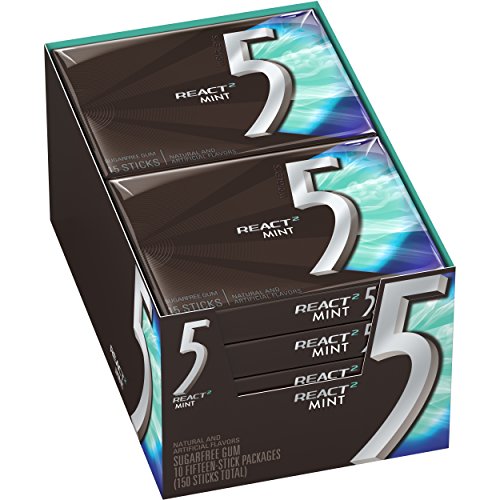 5 Gum React Mint Sugar Free Chewing Gum, 15 Pieces 10 Pack
