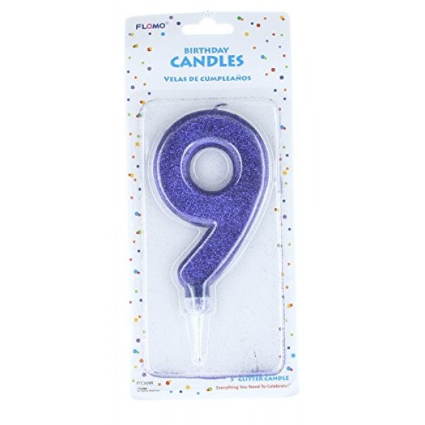 Flomo Large Glitter Number #9 Happy Birthday Candle Cake Topper