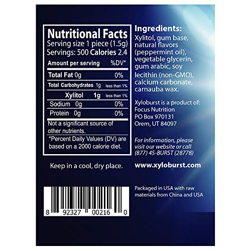 Focus Nutrition, Xyloburst 100% Xylitol Gum, Peppermint Gum, 500